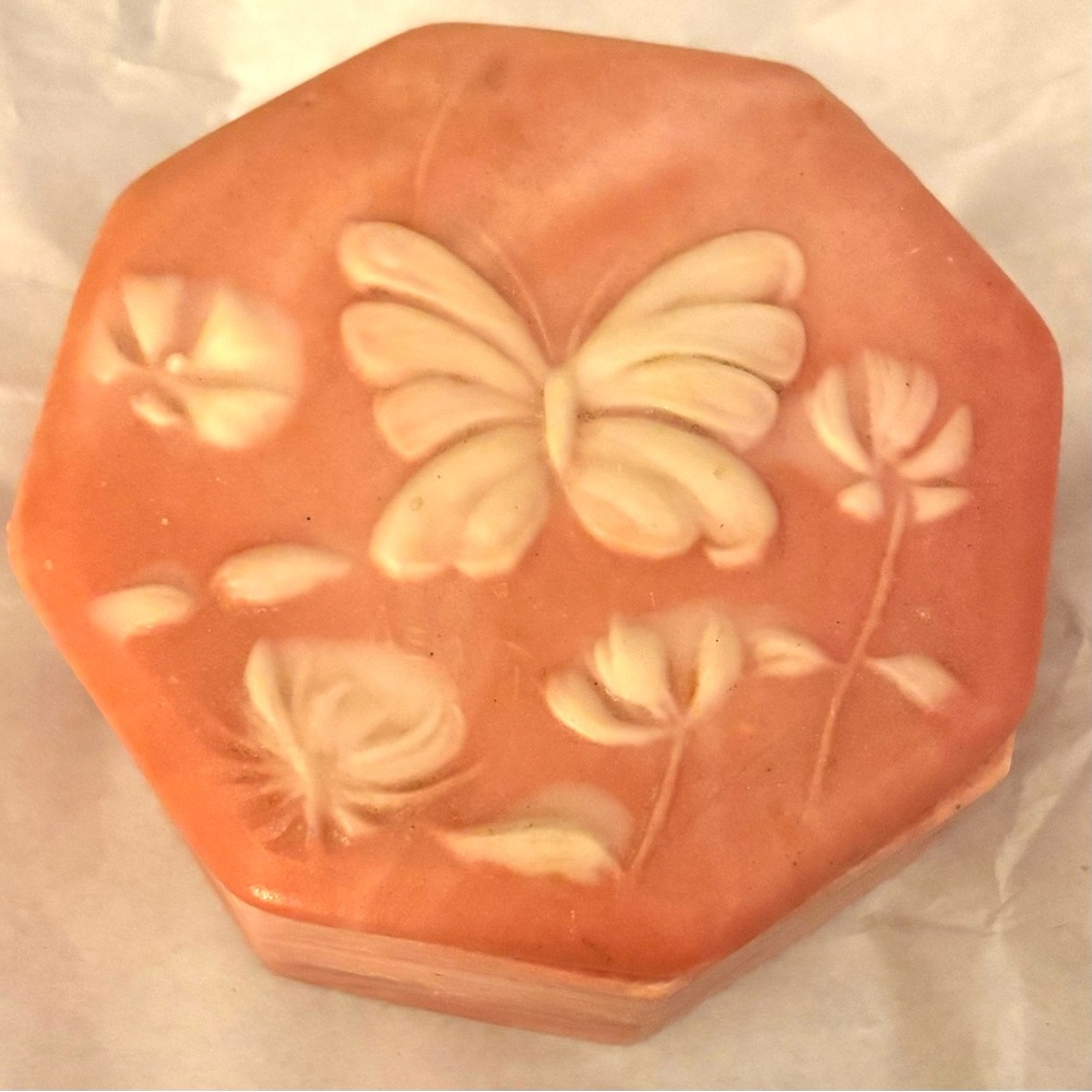 Pink & Cream Incolay Butterflies and Flowers Trinket Box